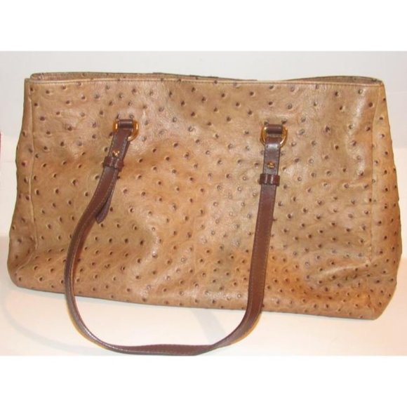 Furla Brown Ostrich XL Tote Embossed Leather And Suede Center Stripe - Picture 10 of 12